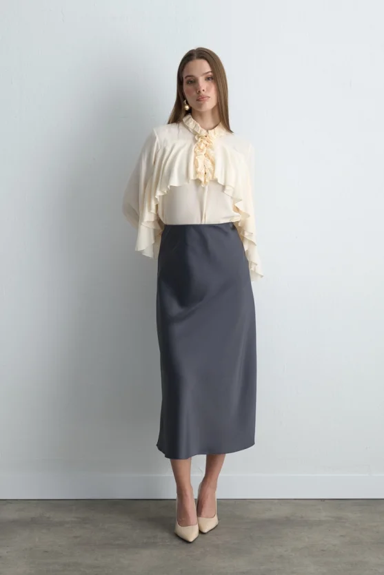 Bias Cut Long Satin Skirt Gray - Gusto