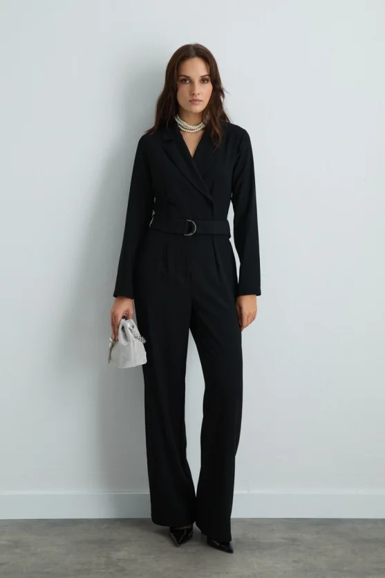 Blazer Collar Crepe Jumpsuit Black - Gusto
