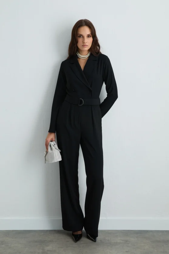 Blazer Collar Crepe Jumpsuit Black - Gusto
