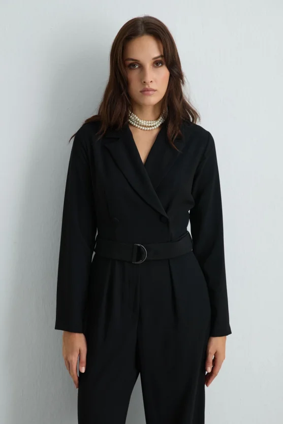 Blazer Collar Crepe Jumpsuit Black - 8