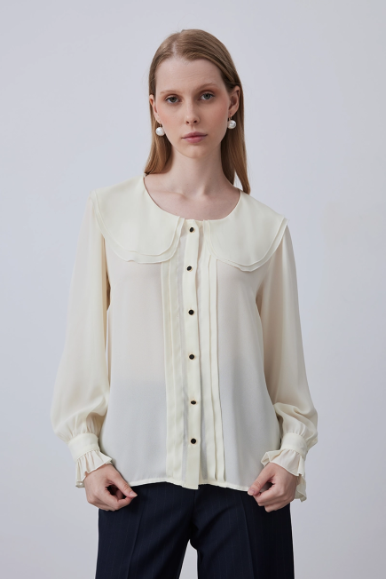 Blouse with Collar Flounce - Ecru Ecru