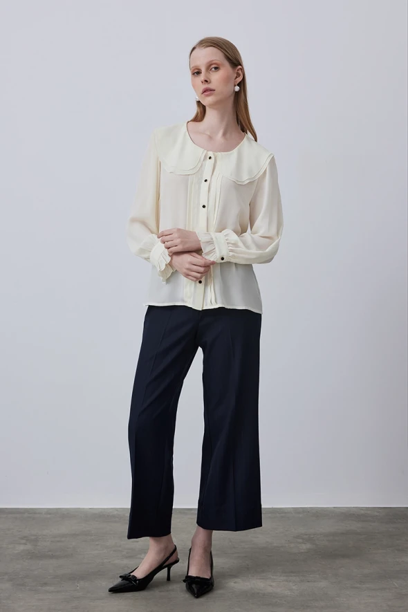 Blouse with Collar Flounce - Ecru - 2