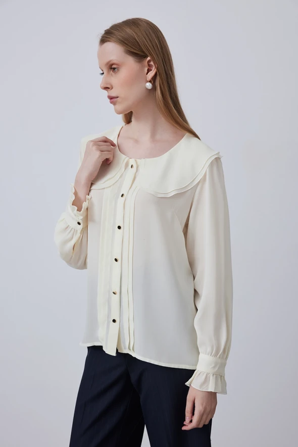 Blouse with Collar Flounce - Ecru - 3