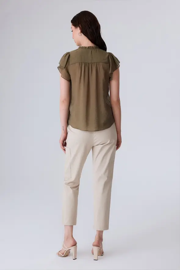 Blouse with Ruffle Collar and Lace-up Front - Khaki - 5