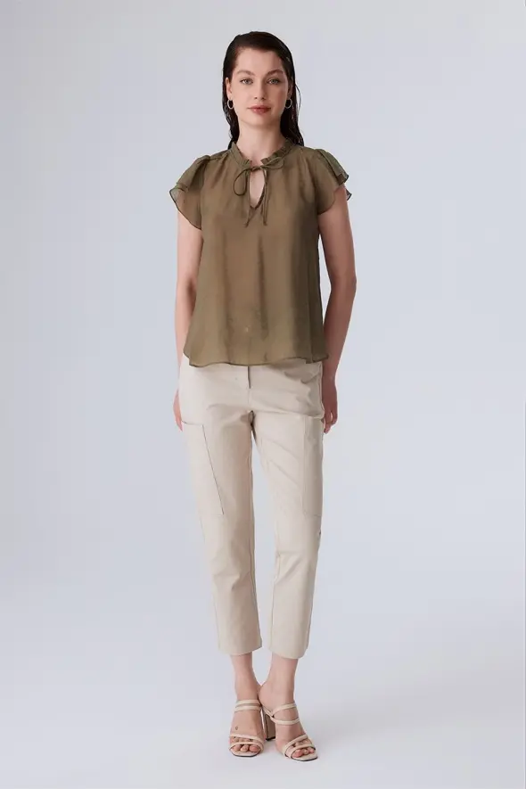 Blouse with Ruffle Collar and Lace-up Front - Khaki - 3