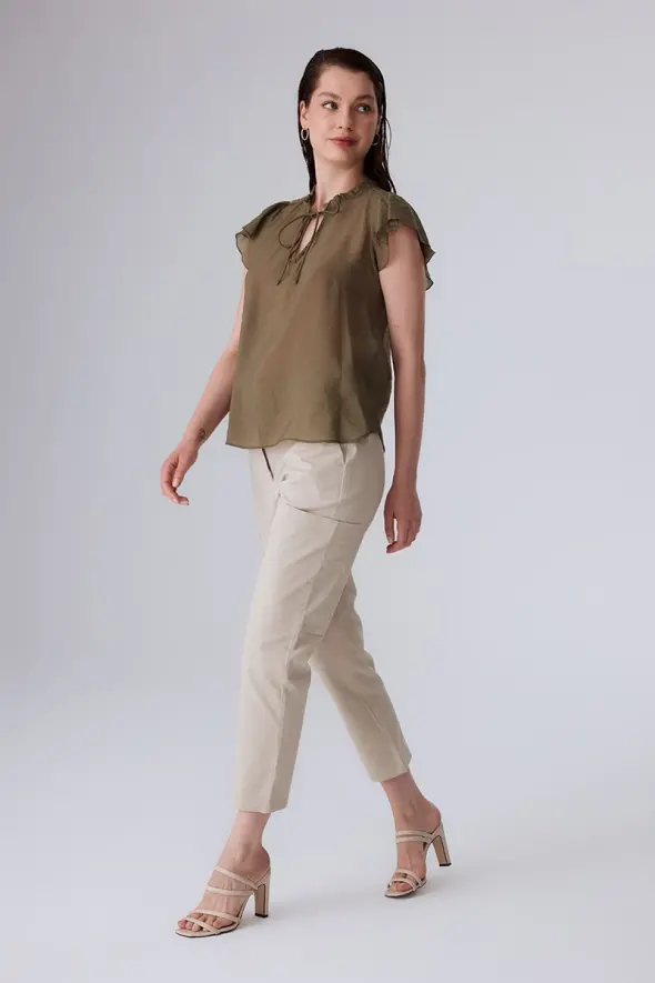 Blouse with Ruffle Collar and Lace-up Front - Khaki - 2