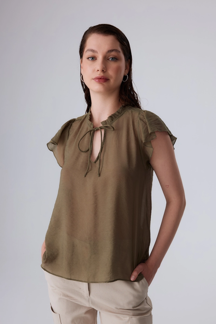 Blouse with Ruffle Collar and Lace-up Front - Khaki Khaki