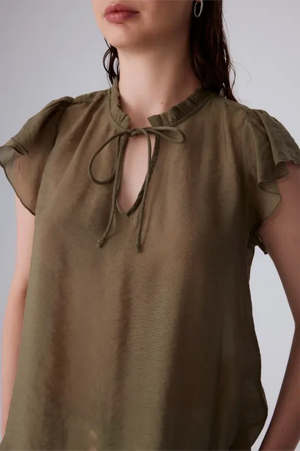 Blouse with Ruffle Collar and Lace-up Front - Khaki - 4