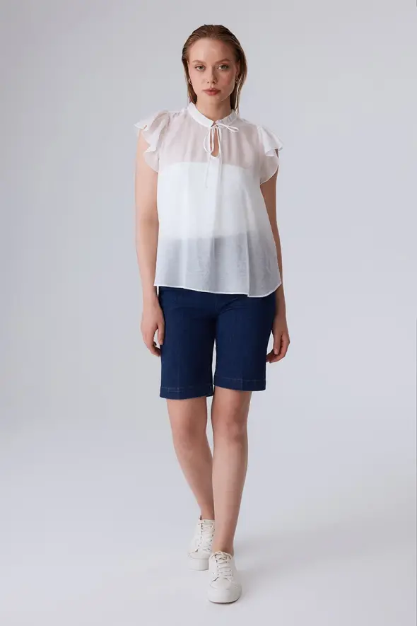 Blouse with Ruffle Collar and Lace-up Front - White - 2