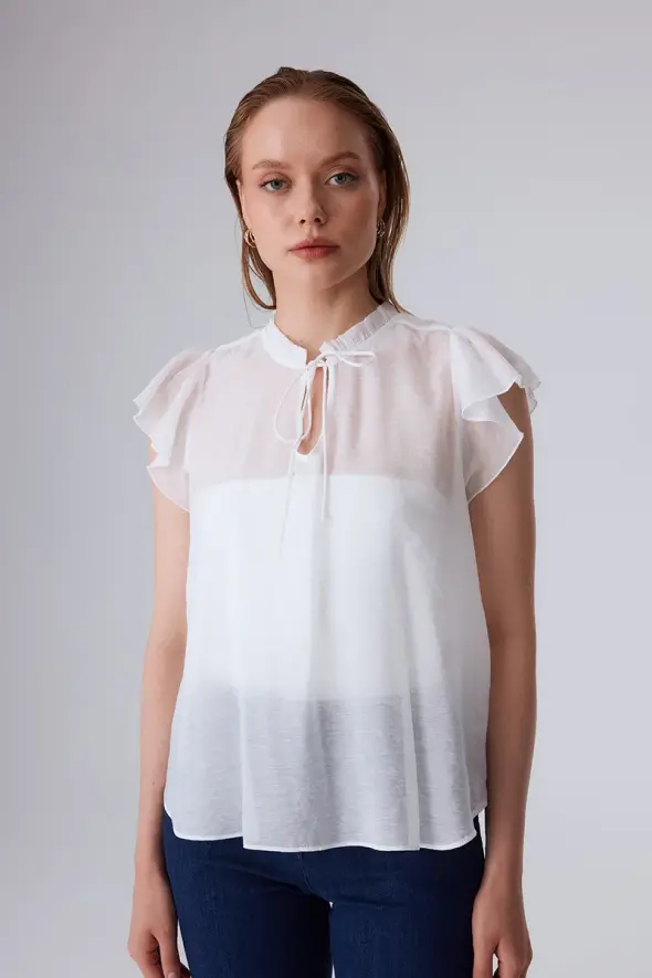 Blouse with Ruffle Collar and Lace-up Front - White - 1