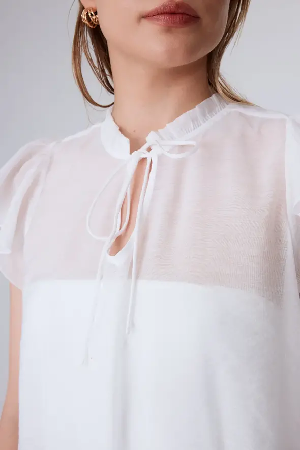 Blouse with Ruffle Collar and Lace-up Front - White - 4