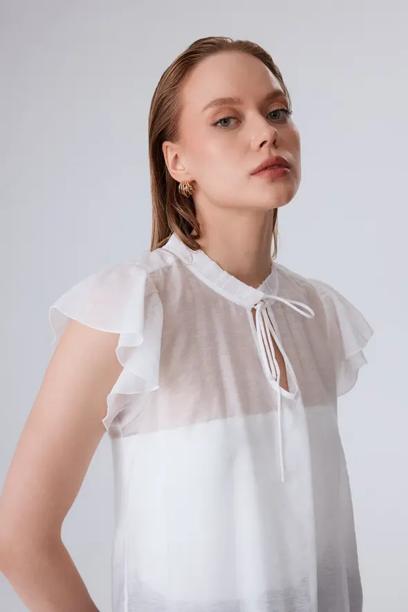 Blouse with Ruffle Collar and Lace-up Front - White - 3