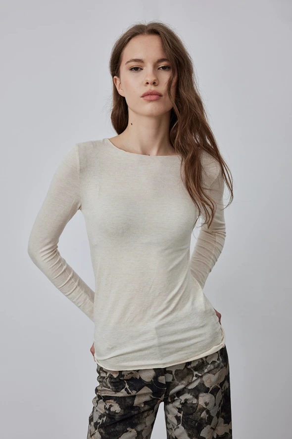 Boat Neck Cashmere Blouse - Beige - 1