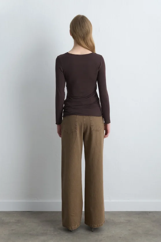 Boat Neck Cashmere Blouse - Brown - 5