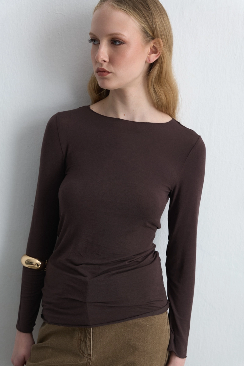 Boat Neck Cashmere Blouse - Brown - 1