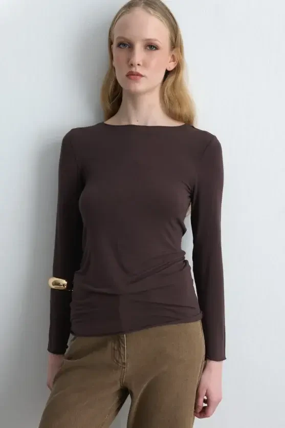 Boat Neck Cashmere Blouse - Brown - Gusto