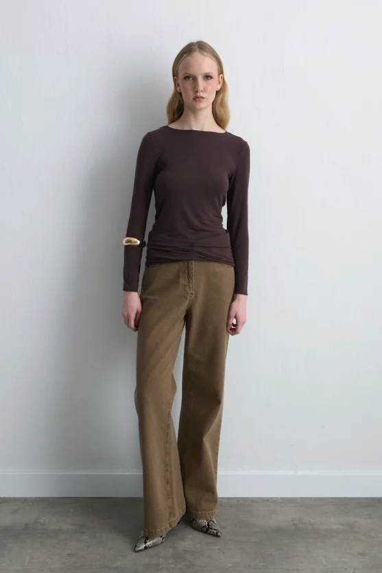 Boat Neck Cashmere Blouse Brown - 2