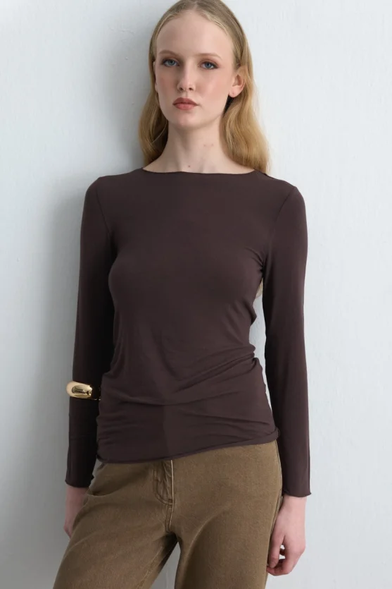 Boat Neck Cashmere Blouse Brown - 4