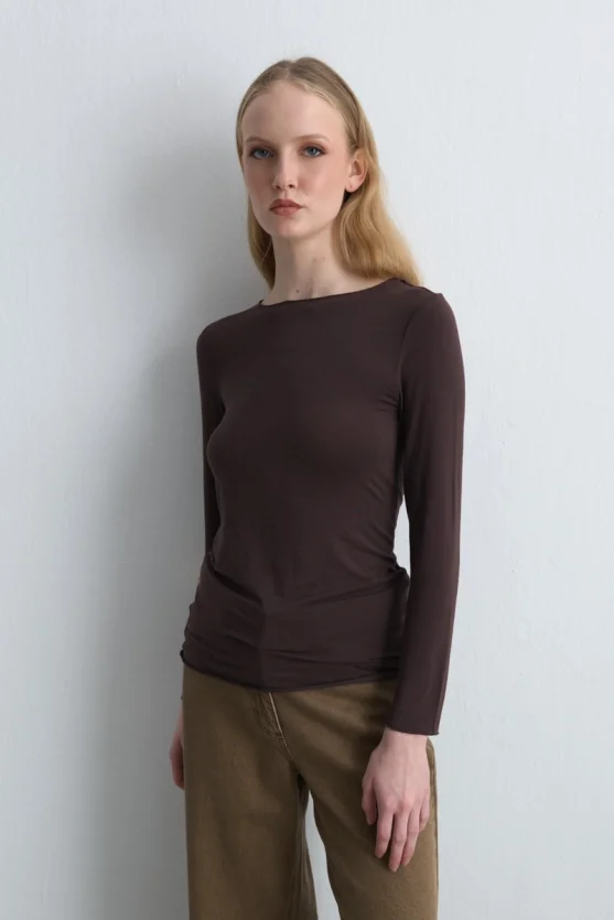 Boat Neck Cashmere Blouse Brown - 3