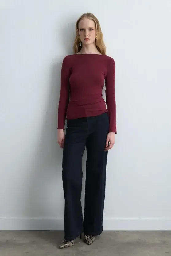 Boat Neck Cashmere Blouse - Burgundy - Gusto