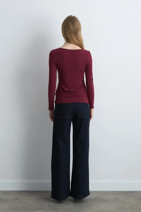 Boat Neck Cashmere Blouse Burgundy - 5