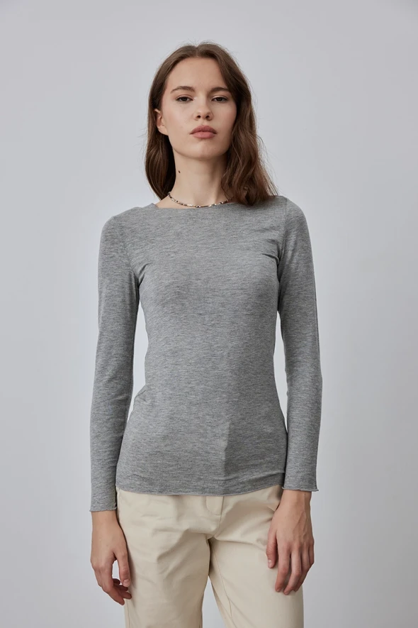 Boat Neck Cashmere Blouse - Grey - 1