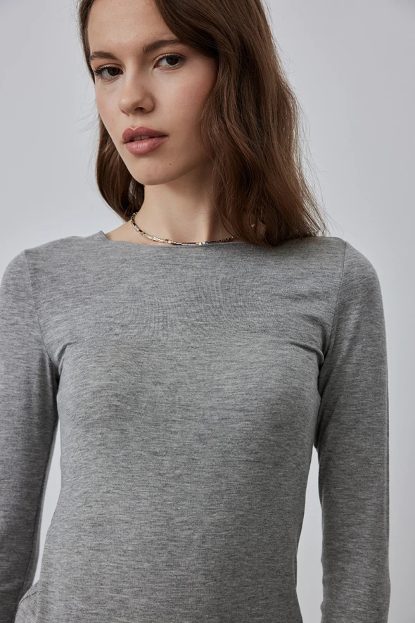 Boat Neck Cashmere Blouse - Grey - 2