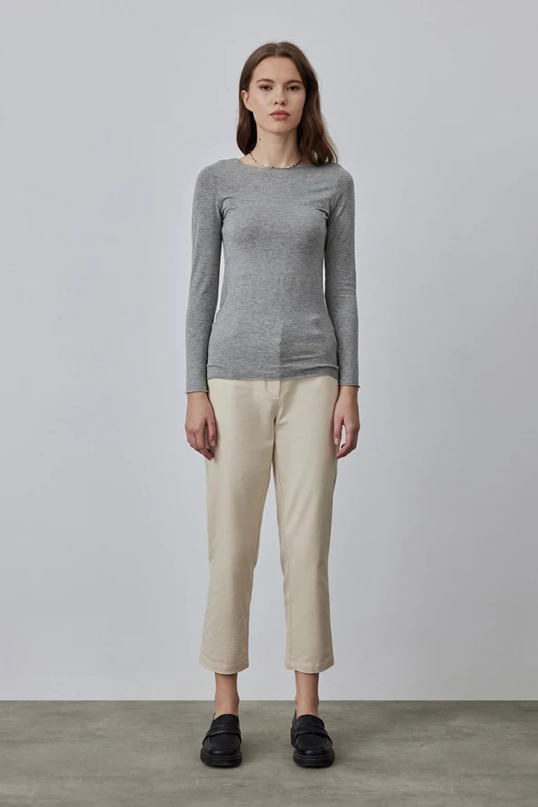 Boat Neck Cashmere Blouse - Grey - 3