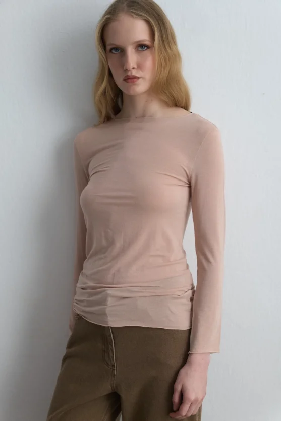 Boat Neck Cashmere Blouse Powder Pink - 2