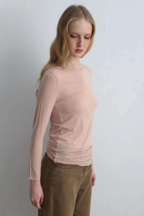 Boat Neck Cashmere Blouse Powder Pink - 3