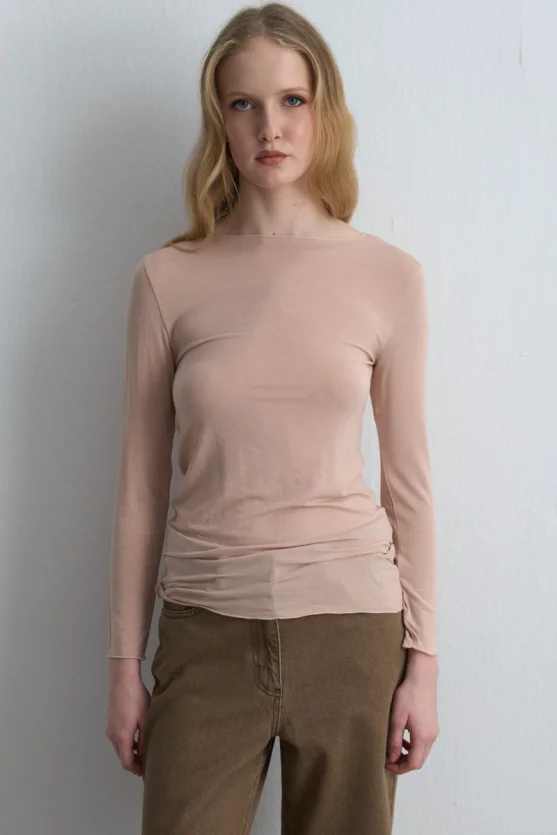 Boat Neck Cashmere Blouse Powder Pink - 5