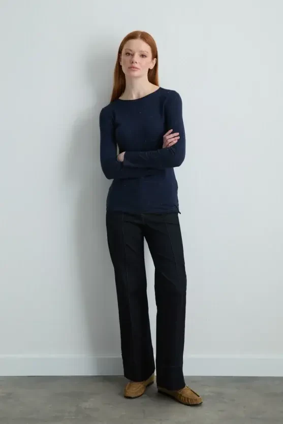 Boat Neck Cashmere Glitter Blouse - Navy Blue - Gusto
