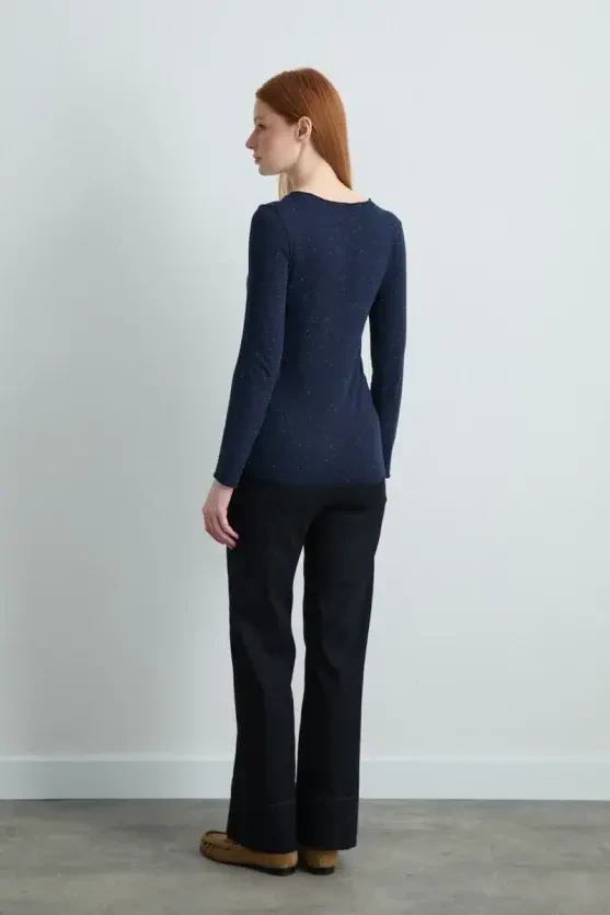 Boat Neck Cashmere Glitter Blouse - Navy Blue - Gusto