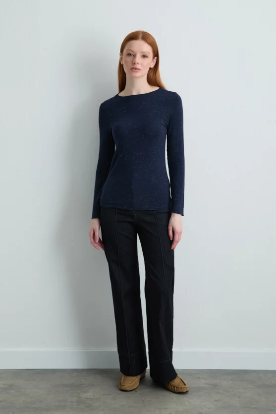 Boat Neck Cashmere Glitter Blouse Navy Blue - Gusto