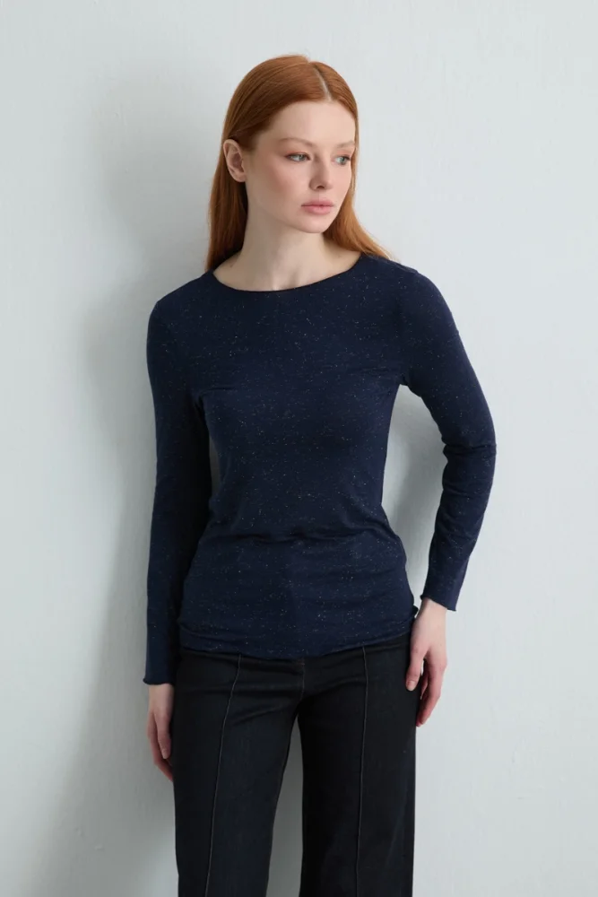 Boat Neck Cashmere Glitter Blouse Navy Blue Navy Blue