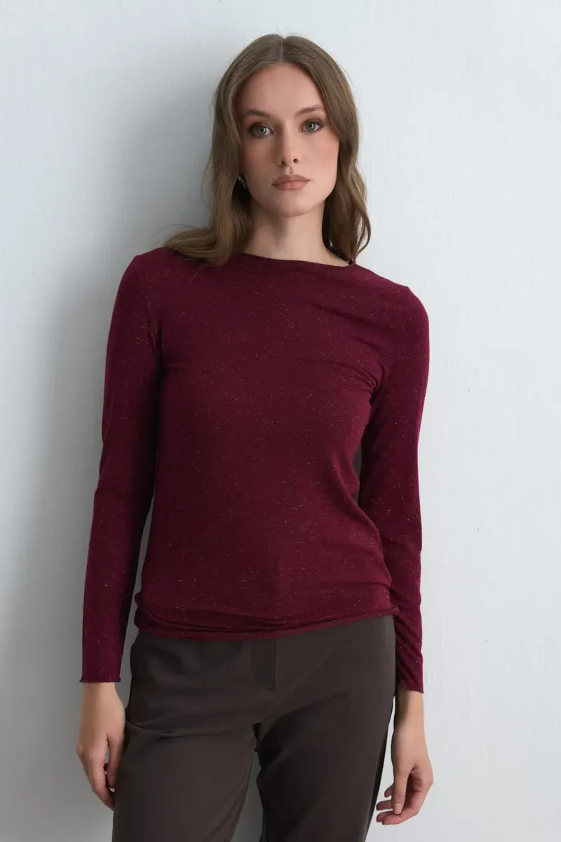 Boat Neck Cashmere Shimmer Blouse - Burgundy Burgundy