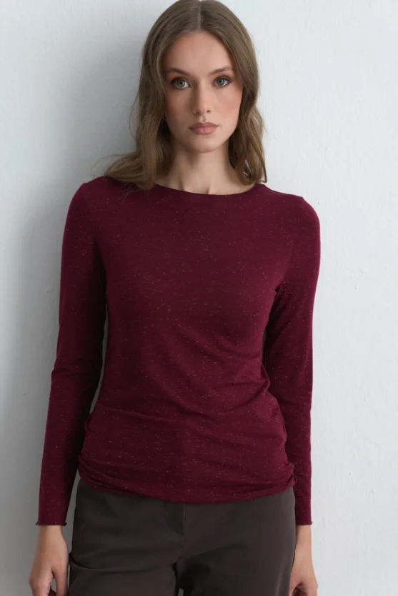 Boat Neck Cashmere Shimmer Blouse Burgundy - 3