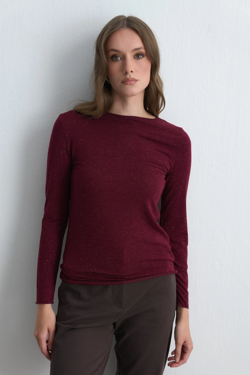 Boat Neck Cashmere Shimmer Blouse Burgundy - Gusto