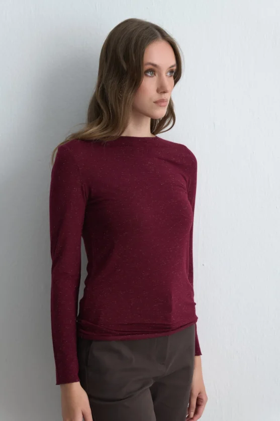 Boat Neck Cashmere Shimmer Blouse Burgundy - 2