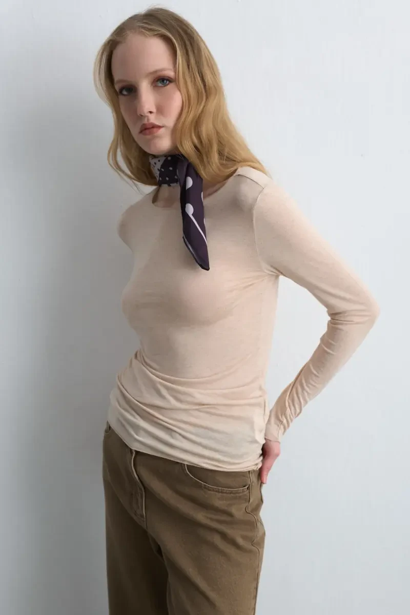 Boat Neck Cashmere Shimmer Blouse - Ecru - 2