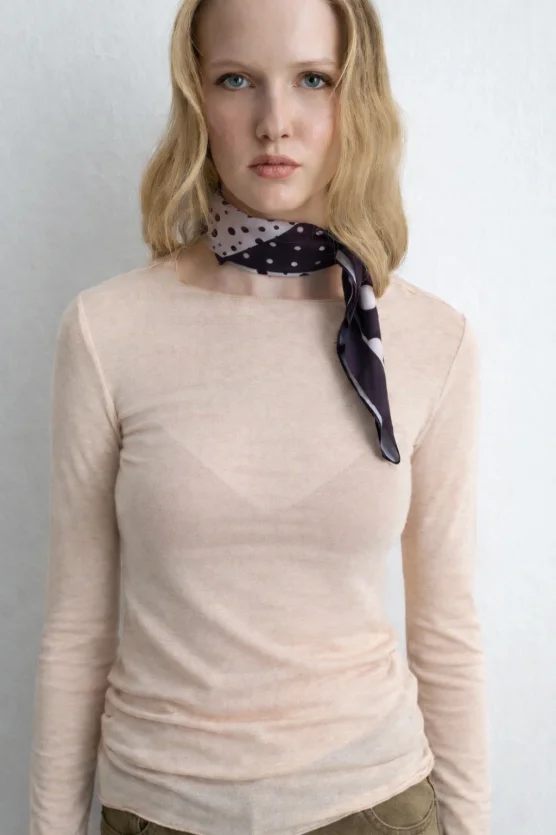 Boat Neck Cashmere Shimmer Blouse - Ecru - 2