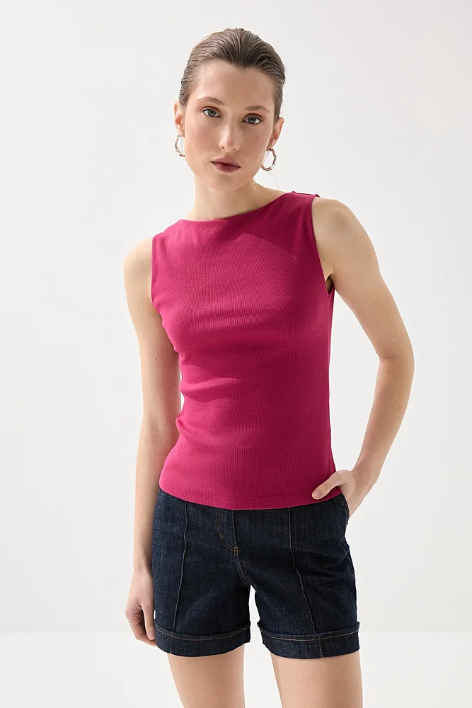 Boat Neck Cotton Tank Blouse - Fuchsia