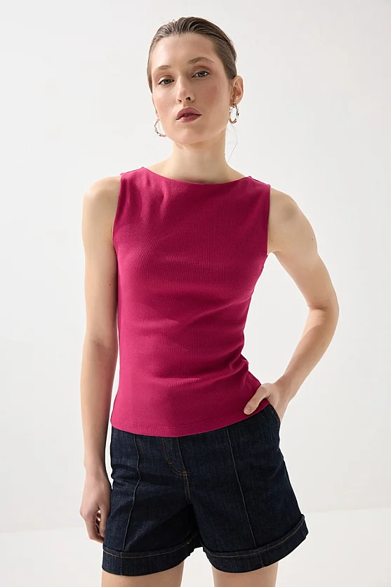 Boat Neck Cotton Tank Blouse - Fuchsia - 2