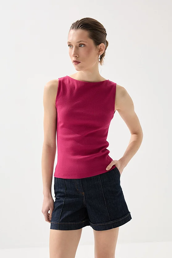 Boat Neck Cotton Tank Blouse - Fuchsia - 3