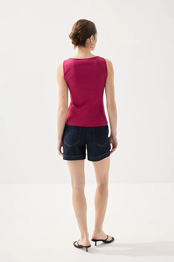 Boat Neck Cotton Tank Blouse - Fuchsia - 5