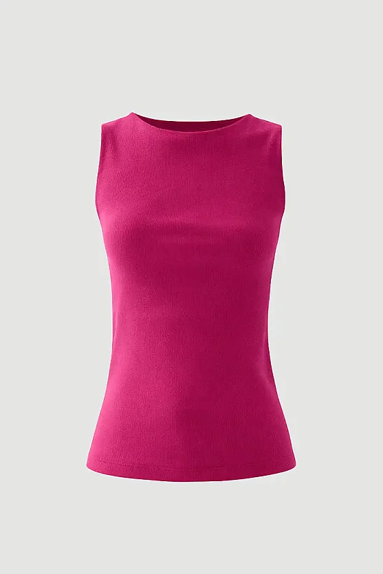 Boat Neck Cotton Tank Blouse - Fuchsia - Gusto
