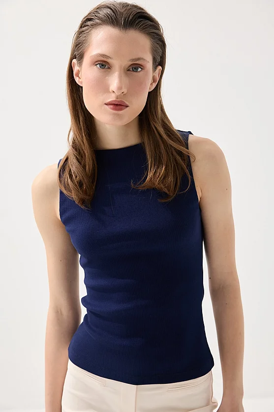 Boat Neck Cotton Tank Blouse - Navy Blue - Gusto