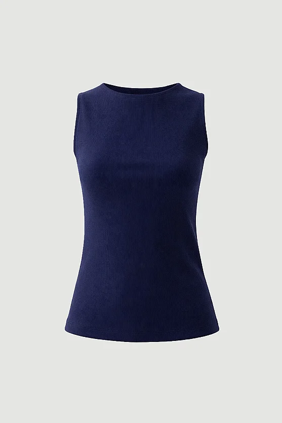 Boat Neck Cotton Tank Blouse - Navy Blue - 7