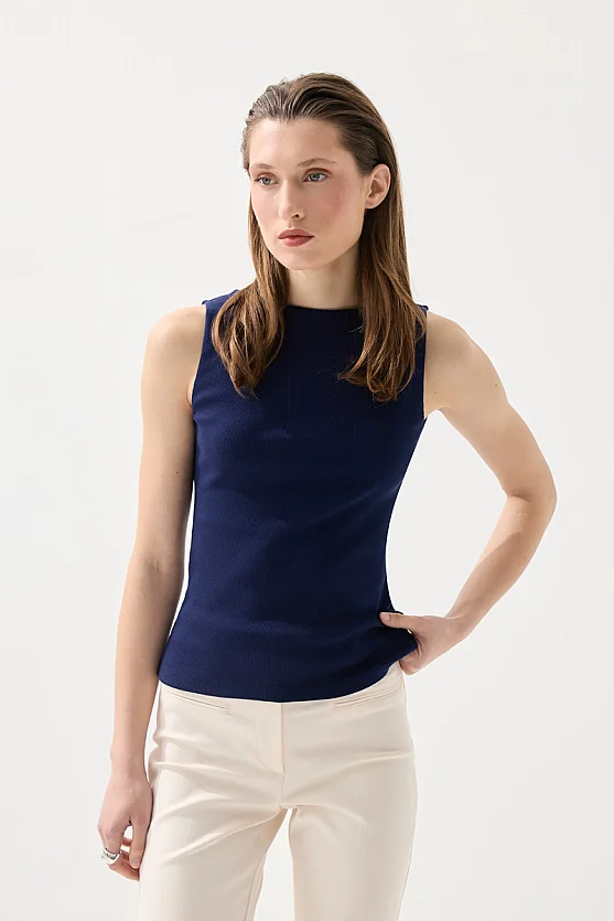 Boat Neck Cotton Tank Blouse - Navy Blue - Gusto