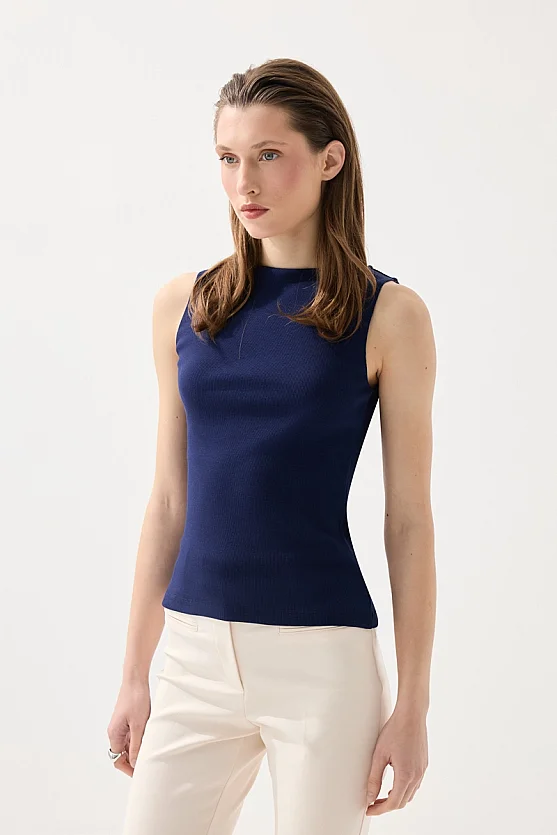 Boat Neck Cotton Tank Blouse - Navy Blue - Gusto